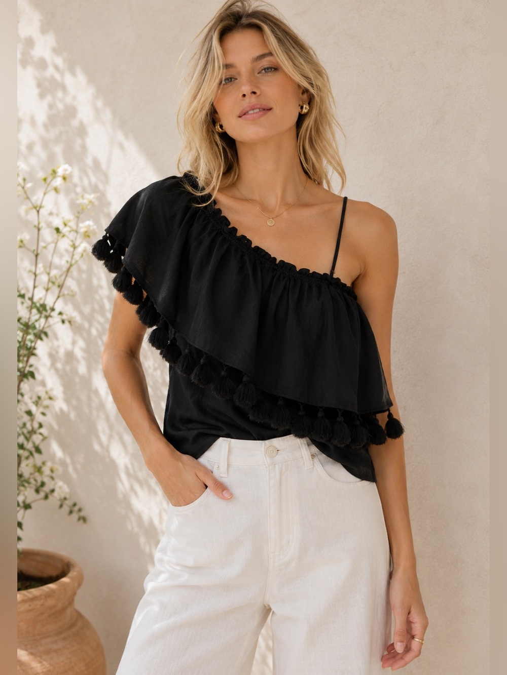 Misa Los Angeles Black Ruffled Asymmetrical Blouse